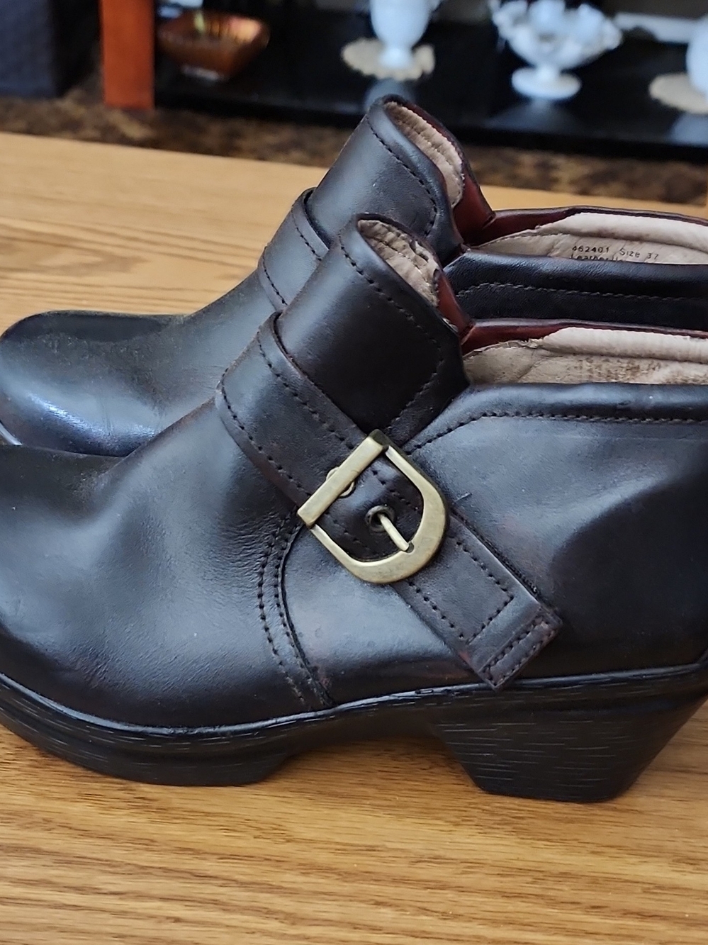 Santiva Women's Dark Brown Leather Buckle Slip-On Heeled Shoes